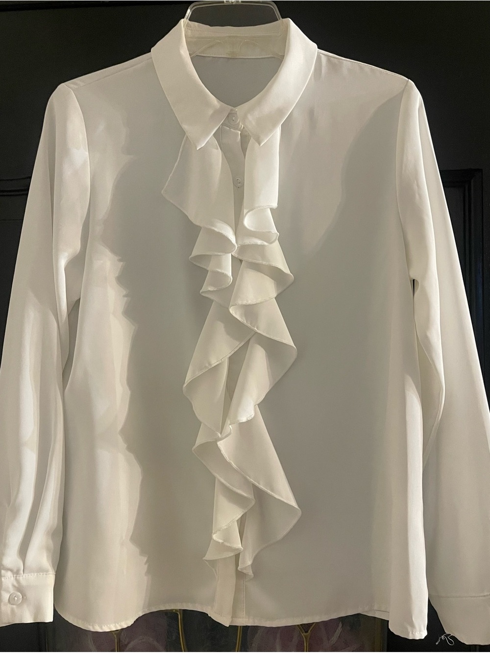 Elegant White Ruffle-Front Blouse with Collar